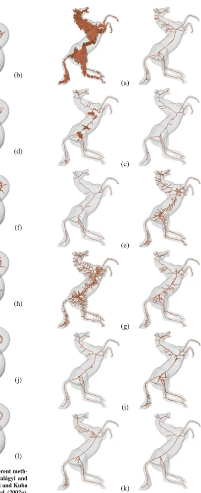 Fig. 8. Curve skeletons of a same object obtained through different meth- meth-ods: (a) Tsao and Fu (1981), (b) Tsao and Fu (1982), (c) Pal´agyi and Kuba (1998), hybrid, (d) Pal´agyi and Kuba (1999a), (e) Pal´agyi and Kuba (1999b), (f) Ma and Wan (2000), (