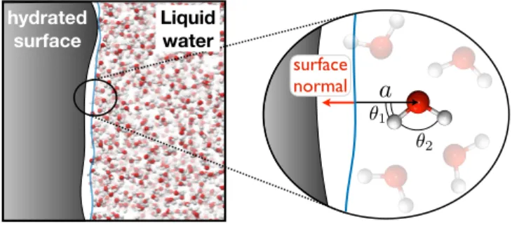 FIG. 1. A schematic illustration of the molecular coordinates that are used to specify the orienta- orienta-tional state, ~κ, of molecules at the liquid water interface.