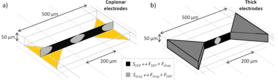 FIG. 2. Schematic of microfluidic channels with (a) coplanar 2D-gold electrodes and (b) thick 3D C-PDMS electrodes.