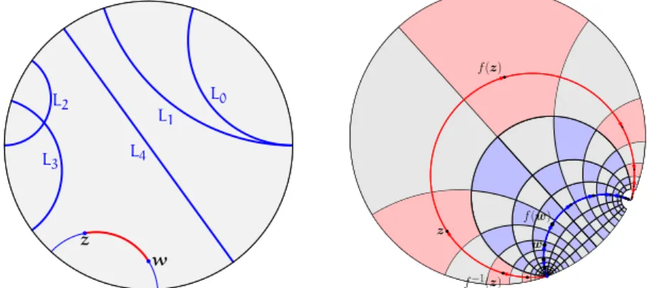 Figure 1: Left: the Poincar´ e disk model D of the hyperbolic plane, with some geodesics