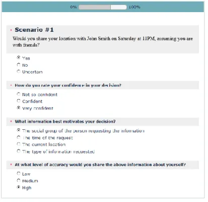 Figure 2: Screenshot of our survey webpage showing a sample sharing scenario and the corresponding questions.
