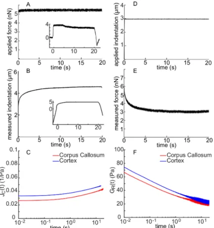 Figure 4. Representative data from creep compliance and force relaxation experiments. (A, B) From the raw data in Figure 1, a region of interest is defined for creep compliance as the time where applied force remains constant (A) while the indentation dept