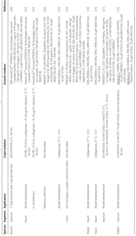 Table 2 Ruminant and herbivorous species (bovine, sheep, horse and rabbit) intestinal organoids CM: conditioned medium, NAC: N-acetyl cysteine, L-WRN: L cell line engineered to secrete Wnt3a, R-spondin 3 and Noggin, rm: recombinant mouse, rh: recombinant h