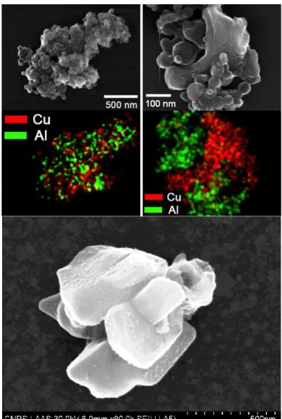 Figure S3. Spatially resolved SEM-EDX analysis was performed on large scale aggregates to  show  that  Cu  and  Al  are  randomly  present  in  aggregates  (upper  left  panel)