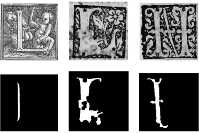 Fig. 15 An example of very difficult letter extraction. The first line cor- cor-responds to the original image and the last line to the letter extracted.