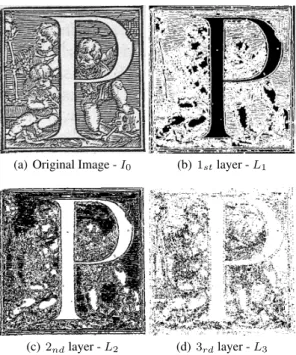 Fig. 9 An example of three layers extracted from images. Each black pixel corresponds to a pixel in the original image that belongs to the layer.