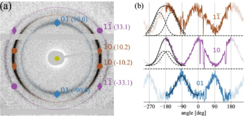 Figure 4. (a) Expected scattering pattern for oblique lattice (parameters given in text) for the main reflections on top of measured difference pattern from Figure 2c