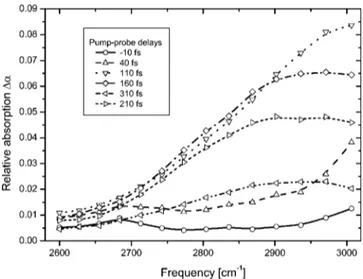 FIG. 4. Differential spectra in pure water with a pump tuned at 2800 cm ⫺ 1 and six pump-probe delays