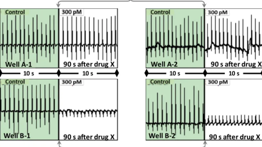 Fig.  2  reports  FP  tracings  recorded  from  2  sets  of  2  contiguous wells located in the  same  experimental  plate  containing  cell  sheets  grown  from  the  same  hiPSC-CM  batch  and  subjected  to  the  same  experimental  procedure