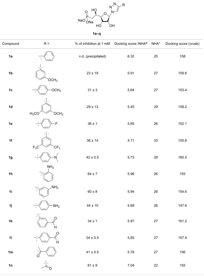 Table 2: Summary of the in vitro inhibition assays performed on human recombinant cN-II in the presence of the various derivatives and docking scores obtained from molecular modelling calculation.