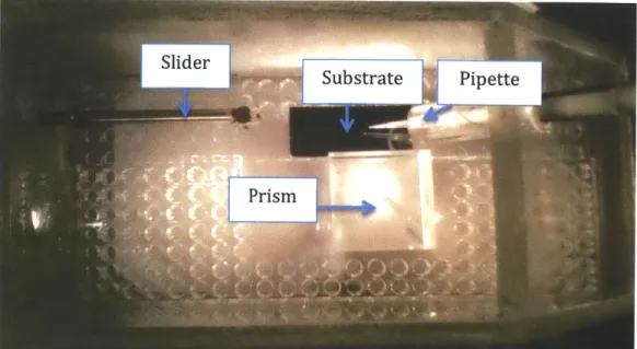 Figure 2-2:  Inside  of box  as viewed by  camera. Drops are deposited on  substrate by a pipette
