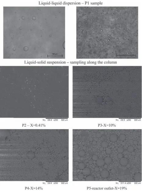Fig. 15. Test 1 Microscopic pictures of the different samples: dispersion or polymerizing droplet at the different axial position of the column.
