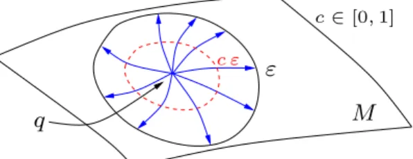 Figure 1. Geodesic random walk with sampling of the volume ω and ratio c. For each ε, the paths of the walk are piecewise-smooth geodesics.
