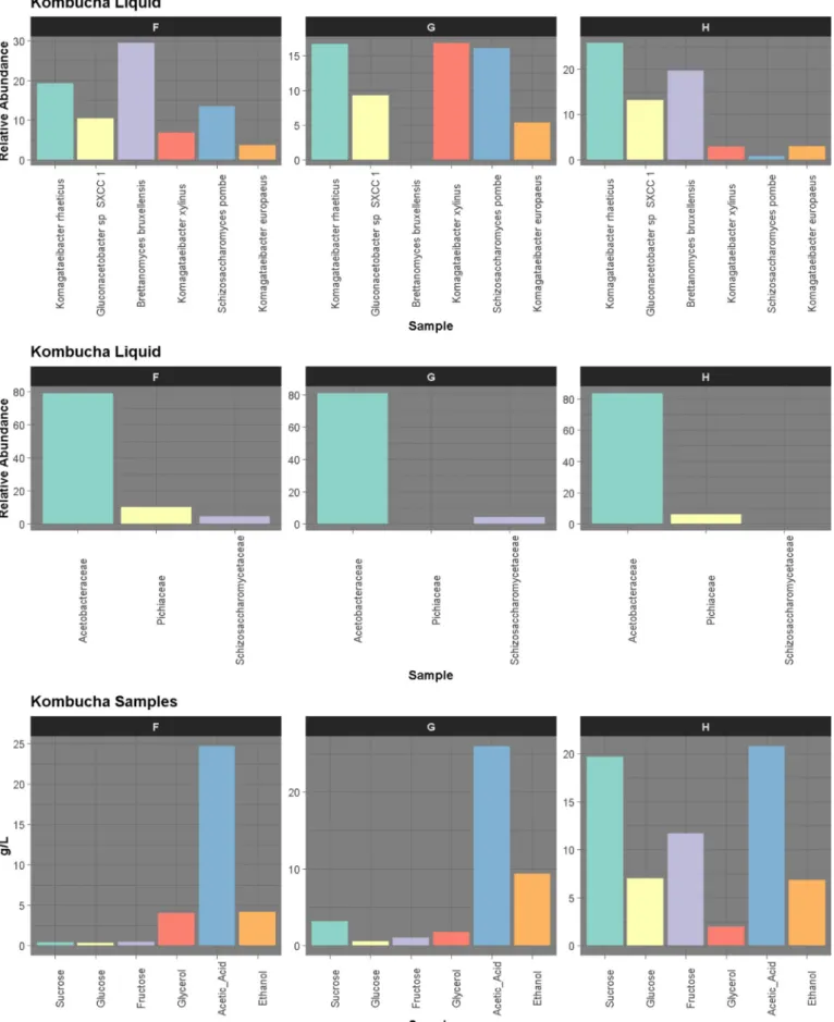 Fig. 4. Most abundant species and families across F, G and H. Sugars, glycerol, acetic acid and ethanol concentrations at the endpoint of the three consortia.