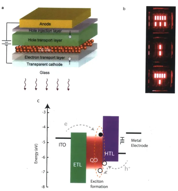 Figure  2-2:  (a)  Illustration  of a hybrid  organic-inorganic  QD-LED  (b)  Photograph of QD-LEDs  used in this thesis  (c)  Energy  band  diagram of a typical hybrid  QD-LED.