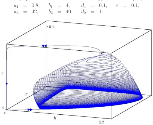 Figure 8 displays a numerical simulation of a typical orbit of (2.3) with: