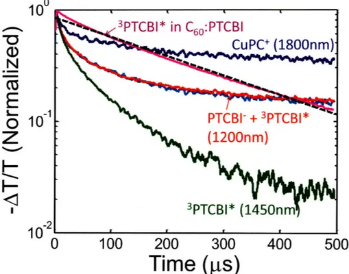 Figure  3-4:  The  transient  decay  of  charges  and  triplet  excitons  in  the CuPC:PTCBI bulk  heterojunction