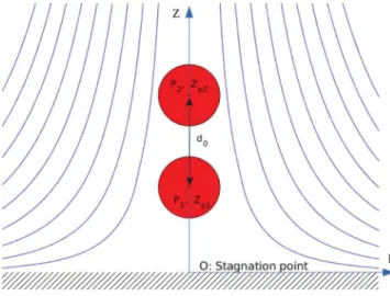 FIG. 6. Pair of particles approaching the stagnation point at the wall, along the axis of symmetry in Hiemenz-Homann flow.