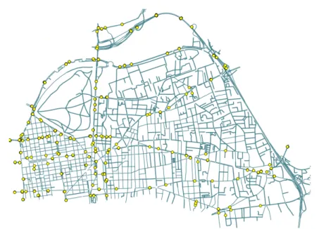 Fig. 2: The Lyon road network considered in the study, and the actual positions of sensors placed by the agglomeration of Lyon city (in yellow).