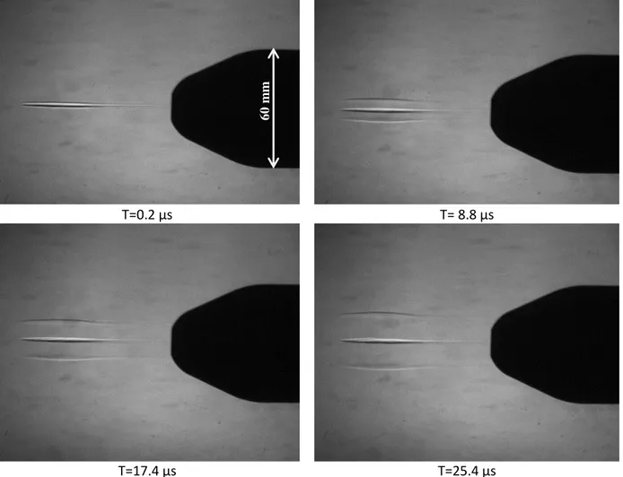 Figure 5 -Schlieren picture of the filamentary energy deposition upstream of the blunt body in quiescent air  (ambient temperature, atmospheric pressure) 