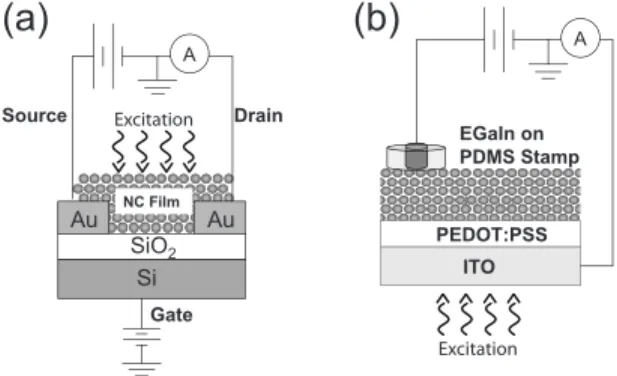 FIG. 1. Schematic of the devices used in the experiments. 共 a 兲 Lateral device structure consisting of gold electrodes 200 ⫻ 800