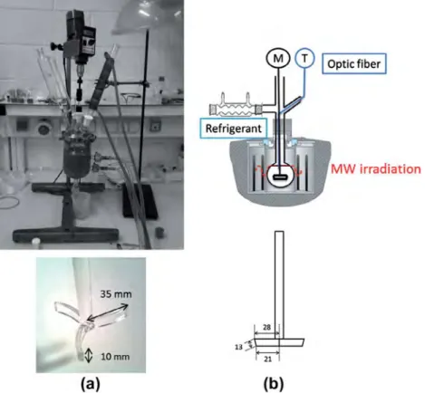 Fig. 1. Two experimental systems: (a) the conventionally heated reactor and its agitator and (b) the microwave heated reactor with its mechanical agitator (M) and temperature monitored by optical fiber (T)