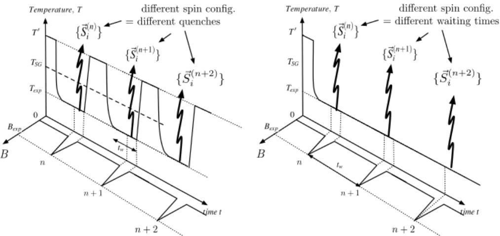 Figure 4 Proposed protocols to measure the correlations (overlap) between spin con- con-figurations corresponding to different quenches or different waiting times
