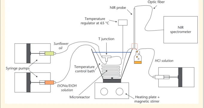 Figure 2. Experimental set-up of the transesterification reaction carried out in a microreactor.