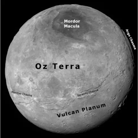 Fig. 1. This is the last LORRI image that captures the whole disk of Charon and what is referred to as the New Horizons encounter hemisphere, roughly centered at  350 ° longitude, 40 ° latitude