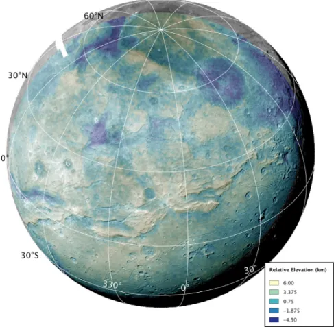 Fig. 2. Charon terrain  model in orthographic projection  created from the PELR_C_LORRI and PEMV_C_COLOR_2 observations