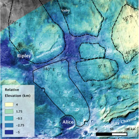 Fig.  8. Topographic map of the mid-latitude scarps and crustal  block  region. What appear  to be coherent  crustal  blocks bounded  by  scarps  in this region  are  outlined with a  dashed line