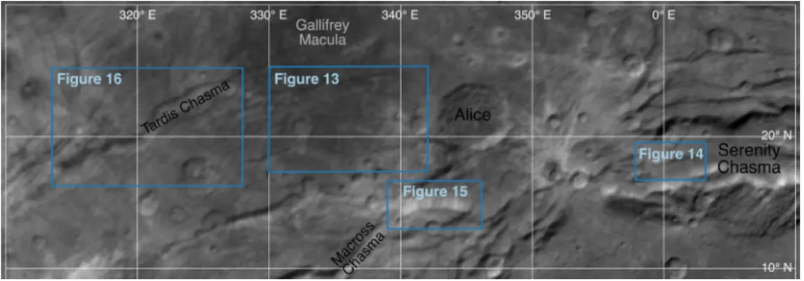 Fig.  12.  Example  tectonic features  in  the  inset of Figs. 13–16  . This image  is a mosaic  of the LORRI images  from  the  C_LEISA_LORRI_1  sequence