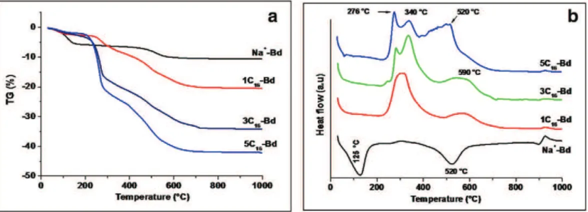 Fig. 5. TG (a) and DTA (b) Thermograms of Na + -Bd before and after organomodiﬁcation with different amounts of CTAB surfactant.