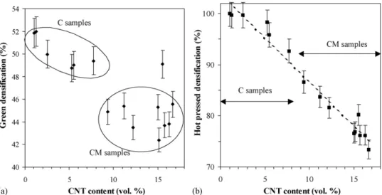 Fig. 3. Green densification (a) and hot-pressed densification (b) vs. the CNT content in the hot-pressed CNT–Co/Mo–MgAl 2 O 4 composites.