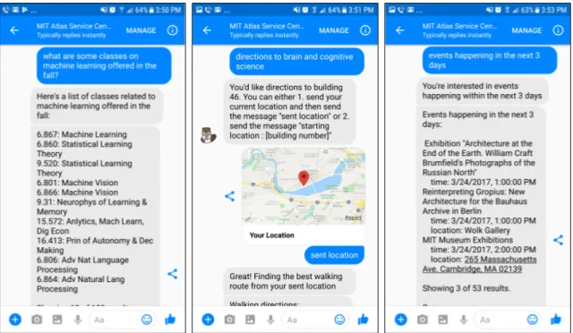 Figure 3-4: Examples of the Atlas chatbot conversing with a user. left: The Atlas chatbot lists classes related to machine learning that are oﬀered during the fall term.