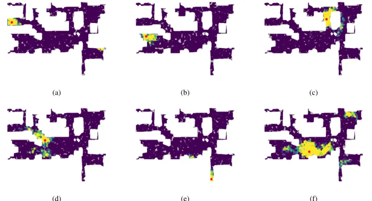 Figure 8. Heat-maps of the similarity score between the observation (the red point) and the observations at N = 2000 points sampled randomly in the environment