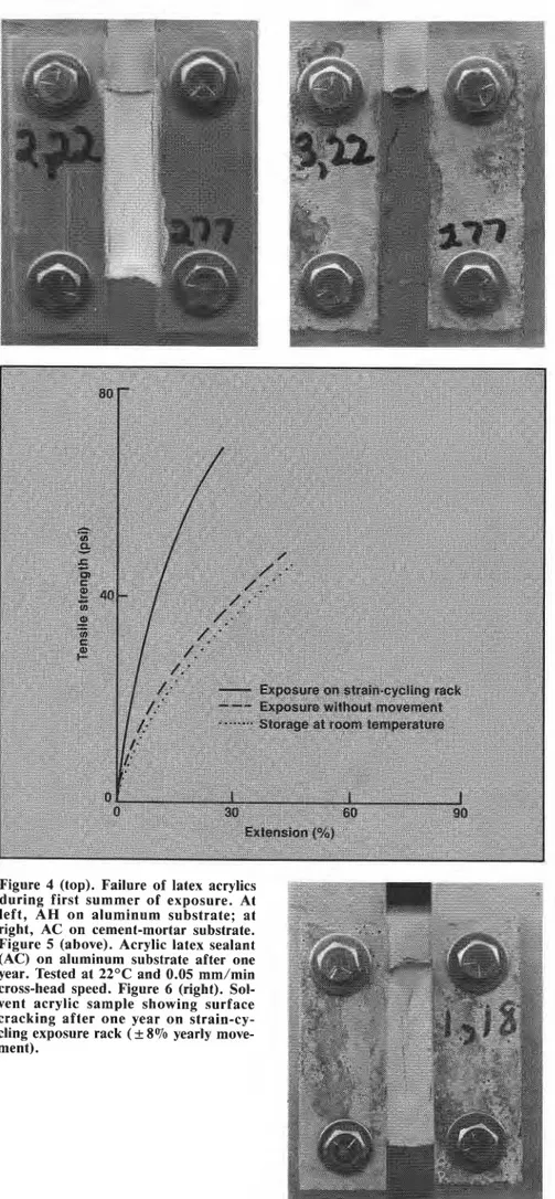 Figure 4  (top).  Failure  of  latex  acrylics  during  first  summer  of  exposure.  At  left,  A H   on  aluminum  substrate;  at  right,  AC  on  cement-mortar substrate