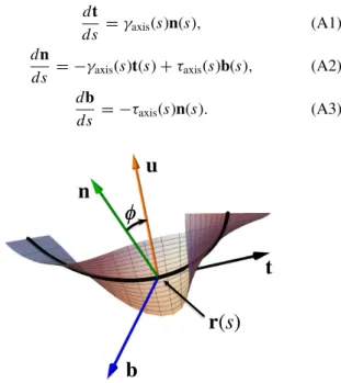 FIG. 7. Piece of ribbon defined by the curve r(s) (thick black line) representing the DNA molecular axis and the “generatrix” unit vector u(s) (in orange)