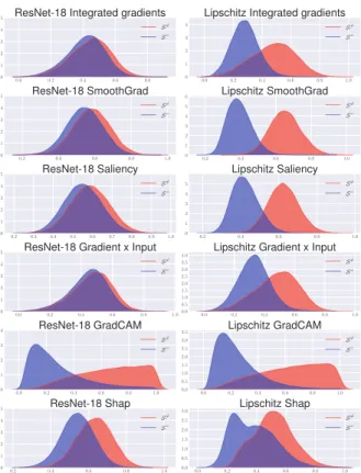 Figure 6: Example of results obtained using the Smoothgrad method, both models had a correct prediction, the middle column represents the heatmaps obtained after application of SmoothGrad on one of the 1-Lipschitz models, with the same parameters (σ = 0.1,