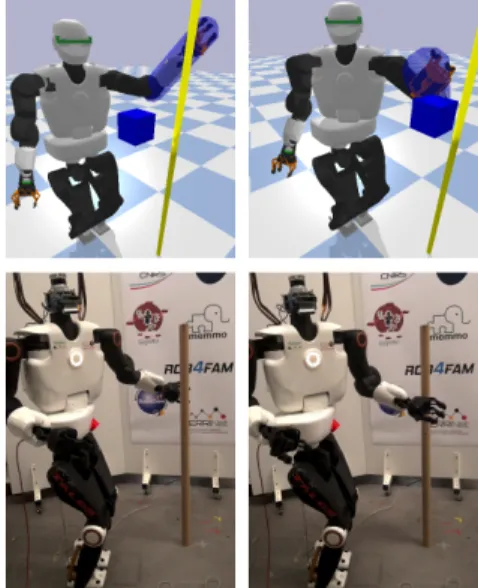 Fig. 1: The humanoid robot Talos 1 performing reactive collision avoidance while following a moving target, driven by a MPC at 100 Hz.