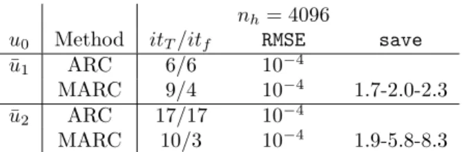 Table 1: Solution of the minimization problem (33) with the one level ARC method and a four level ARC (MARC) (case of n h = 4096) with ¯ u 1 = 1 rand(n h , 1), ¯u 2 = 3 rand(n h , 1)