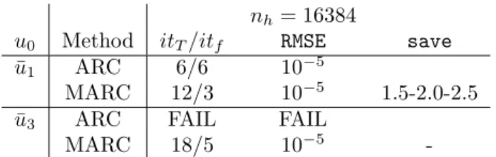 Table 2: Solution of the minimization problem (33) with the one level ARC method and a four level ARC (MARC) (case of n h = 16384) with ¯u 1 = 1 rand(n h , 1), ¯ u 3 = 6 rand(n h , 1)