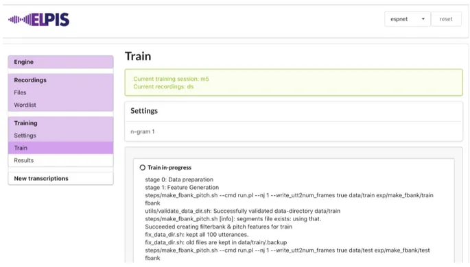 Figure 1: Training stages of the Elpis interface. Notice the choice of backend in the upper right-hand corner.