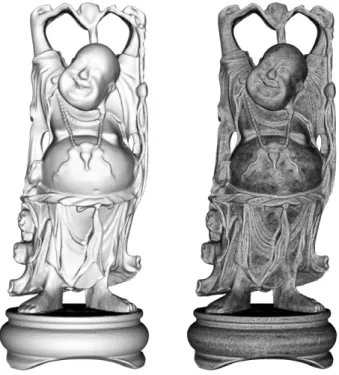 Fig. 3. Curvature indicator for the Happy Buddha model. Left: original model, right: curvature indicator (higher values are brighter)