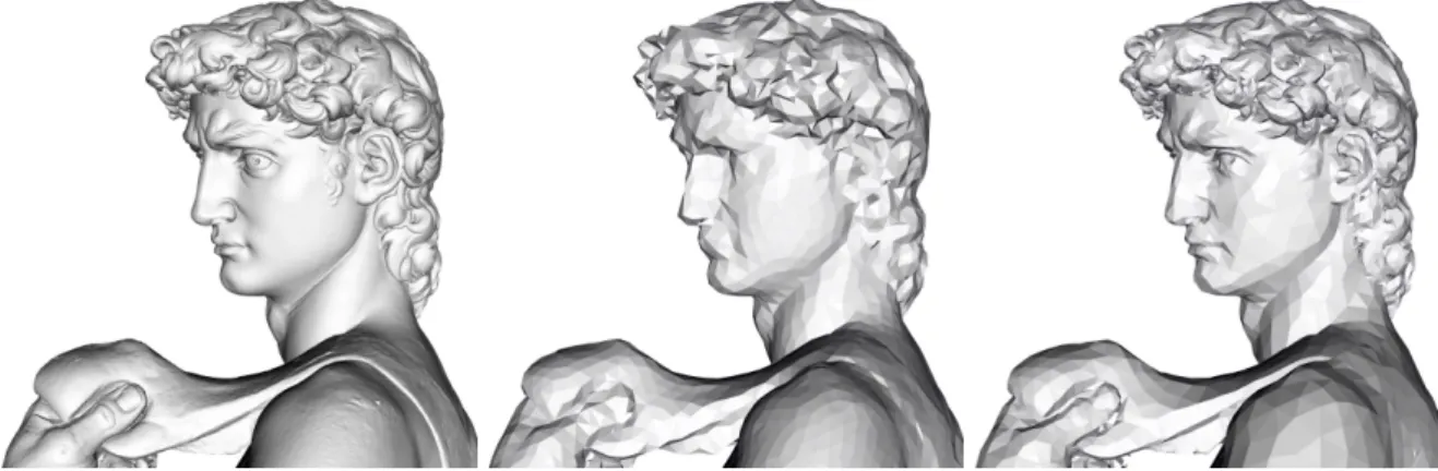 Fig. 8. David model coarsened to 20k vertices. Left: original mesh. Center: uniform coarsening (γ = 0 )