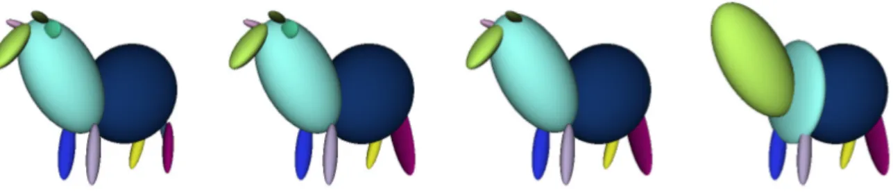 Figure 6: the cow model represented by ellipsoids. The values of P ratio are respectively : 0.04, 0.12, 0.2, 0.28
