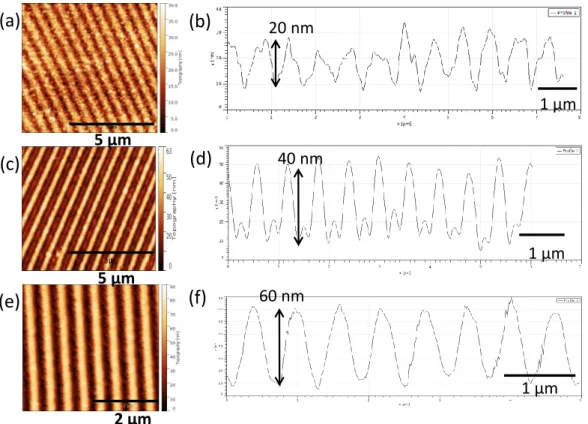 Figure  11  :  AFM  images  and  profiles  of  patterns  obtained  in  a  chitosan  bioresist  film  after  photolithography  at  193  nm  and  development in deionized water for 1 min for (a, b) 300 mJ, (c,d) 500 mJ and (e, f) 1000 mJ