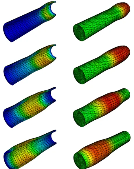 Figure 4: Robin based semi-implicit coupling: snapshots of the - exaggerated - solid deformation and of the pressure at different time instants (t = 0.0025, 0.005, 0.0075 and 0.01 seconds).