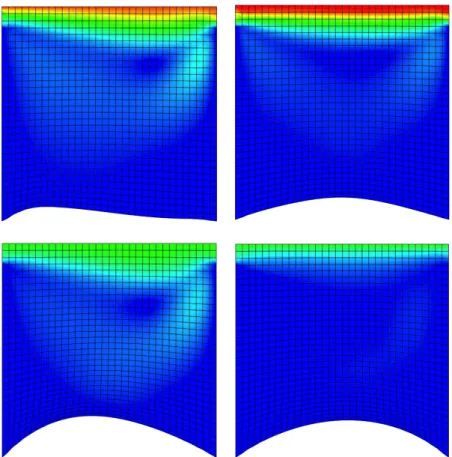 Figure 10: Snapshots of the fluid velocity magnitude at t = 3.5, 8, 14, 21 (from left to right and top to bottom)