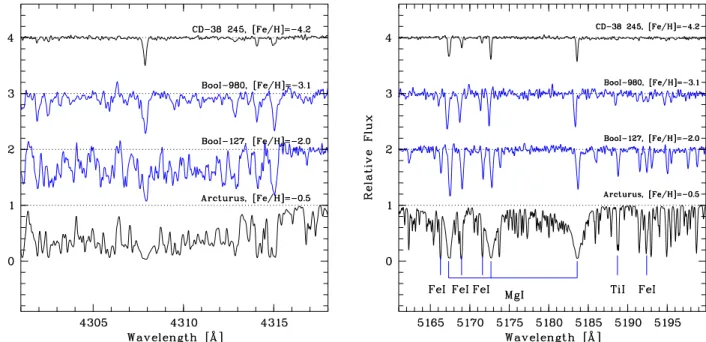 Figure 1. Magellan / MIKE spectra of our Boötes I stars, shown near the G-band head at 4314 Å ( left ) and the Mg b-lines around 5180 Å ( right ) 